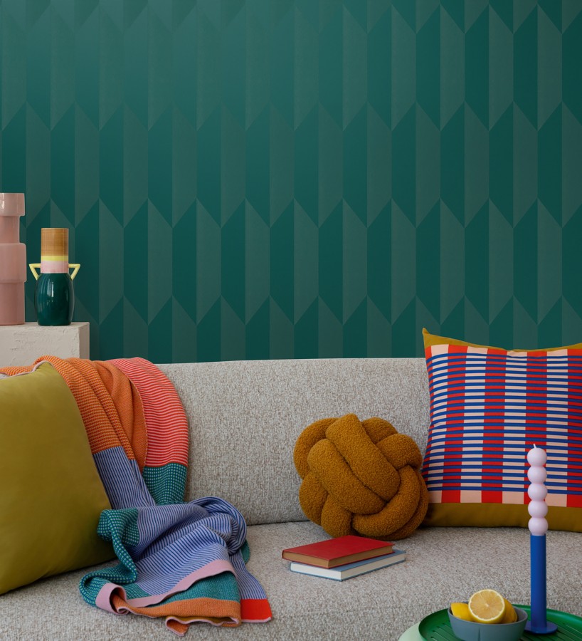 Papel pintado geométrico de prismas metalizados color verde esmeralda  Rhine Metric 684701
