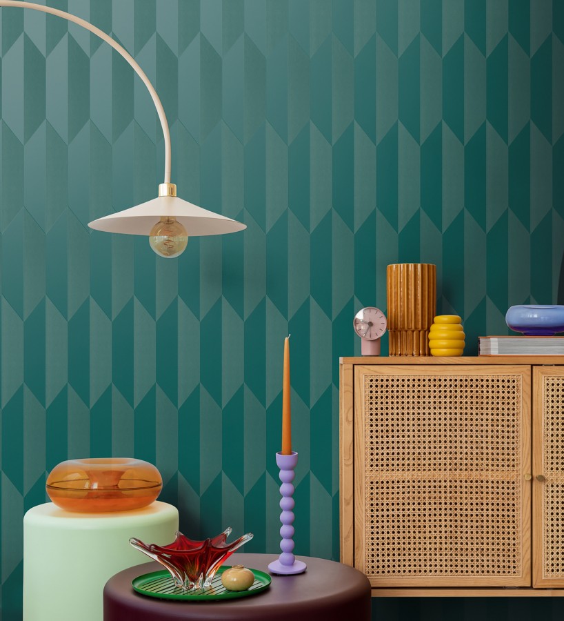 Papel pintado geométrico de prismas metalizados color verde esmeralda  Rhine Metric 684701