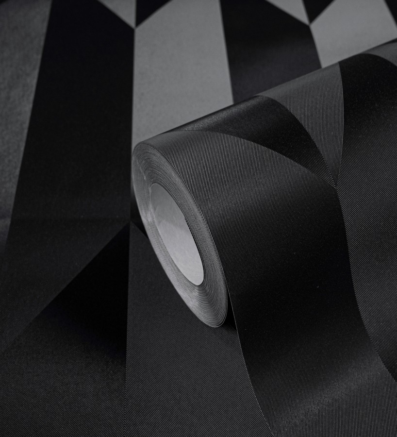 Papel pintado geométrico de prismas metalizados color negro  Rhine Metric 684702