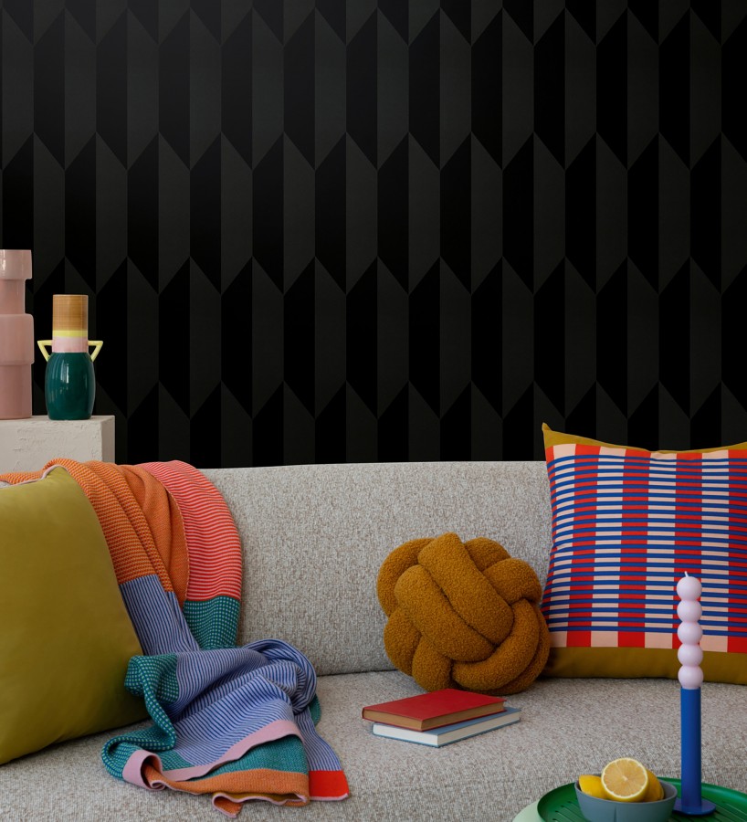 Papel pintado geométrico de prismas metalizados color negro  Rhine Metric 684702