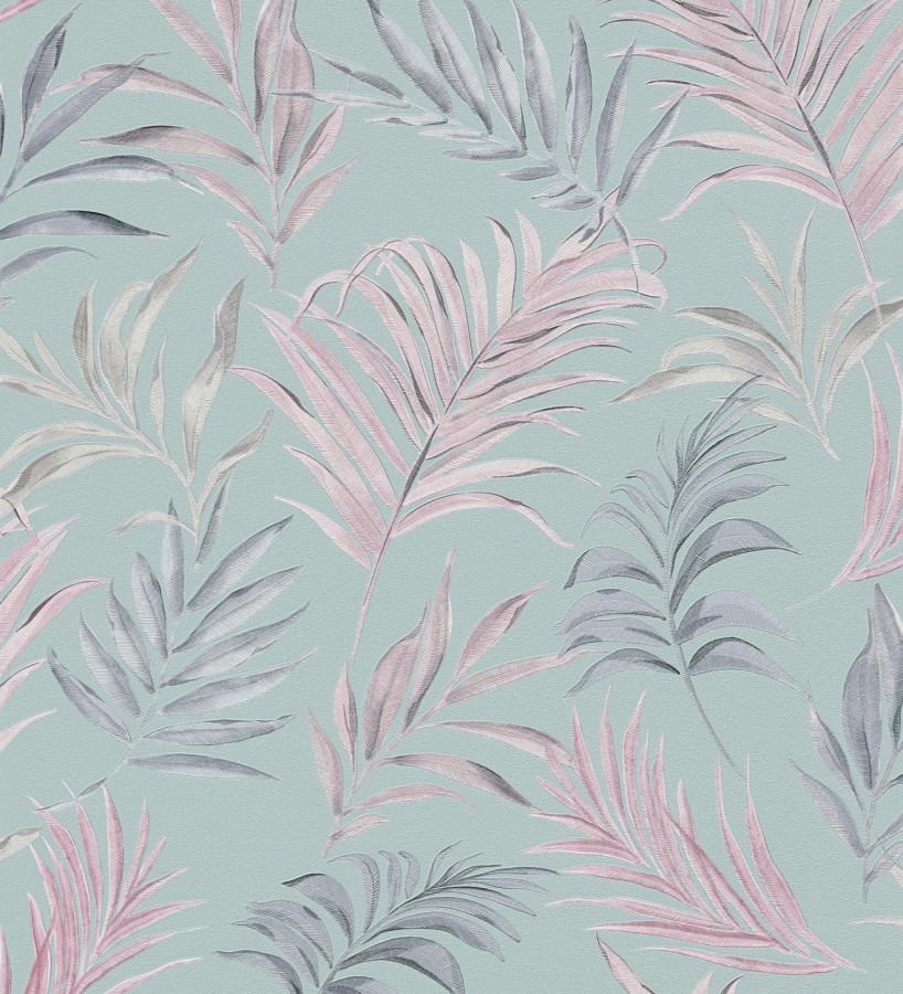 Papel pintado de hojas bordadas sobre fondo texturado verde agua  Selene Ethereal 684704