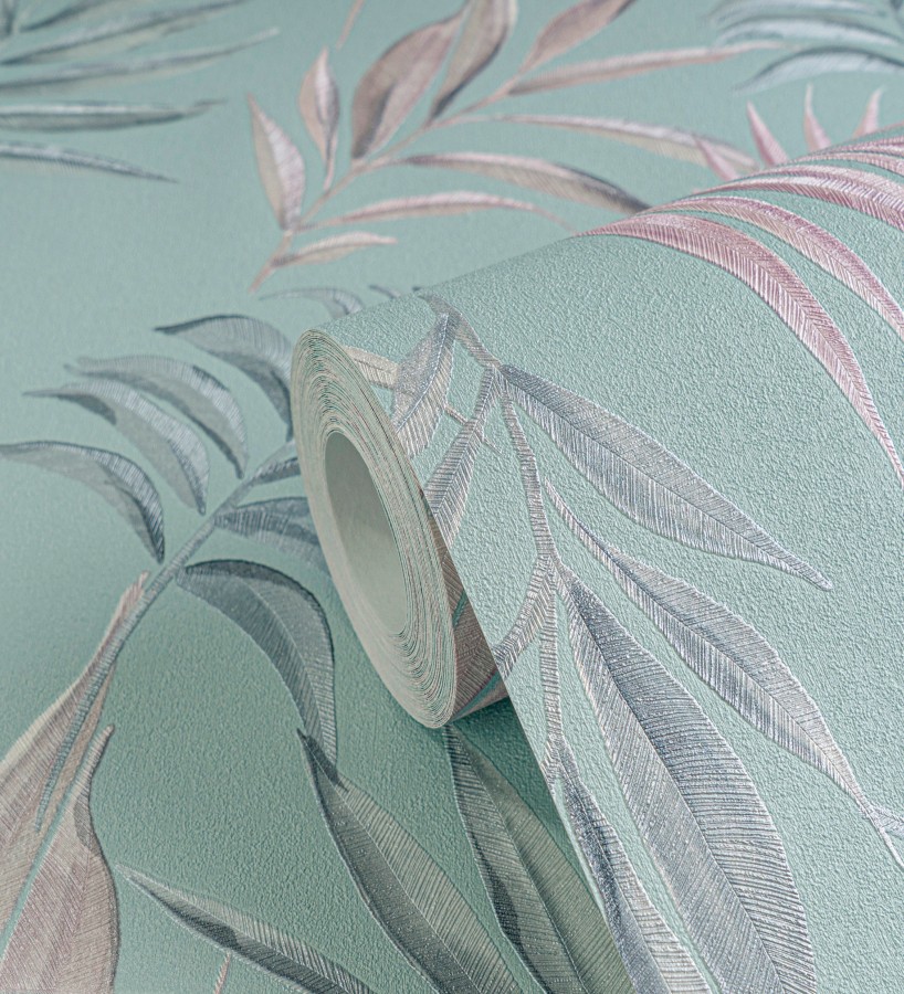 Papel pintado de hojas bordadas sobre fondo texturado verde agua  Selene Ethereal 684704