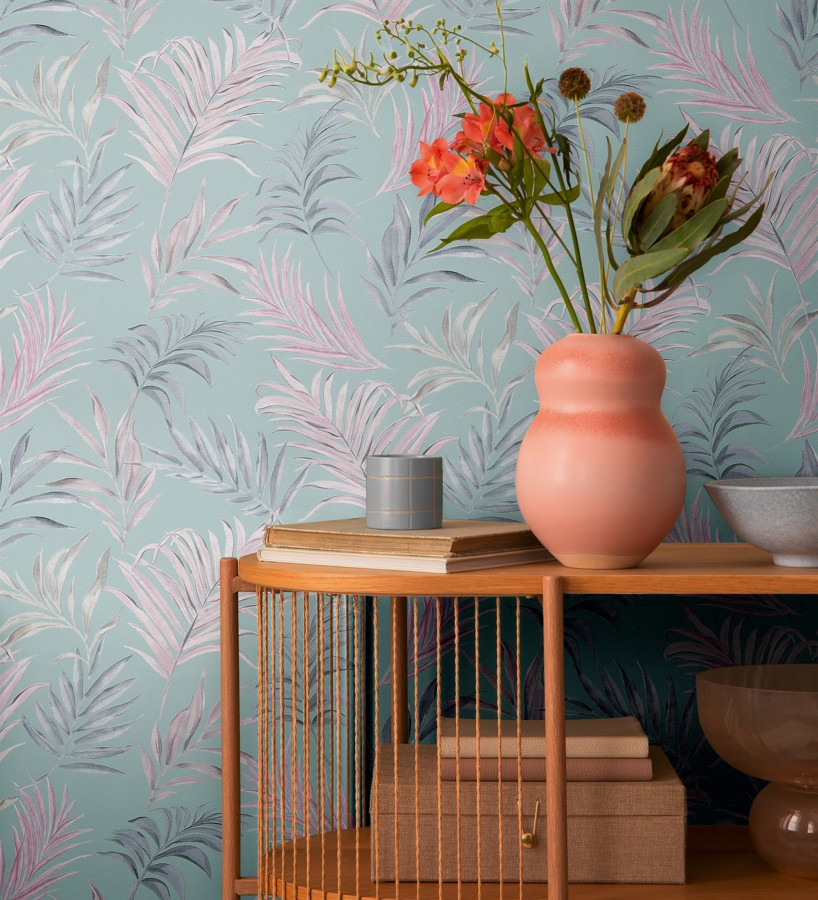 Papel pintado de hojas bordadas sobre fondo texturado verde agua  Selene Ethereal 684704