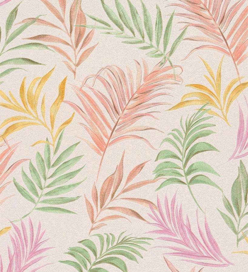 Papel pintado de hojas bordadas sobre fondo texturado en coral claro  Selene Ethereal 684705
