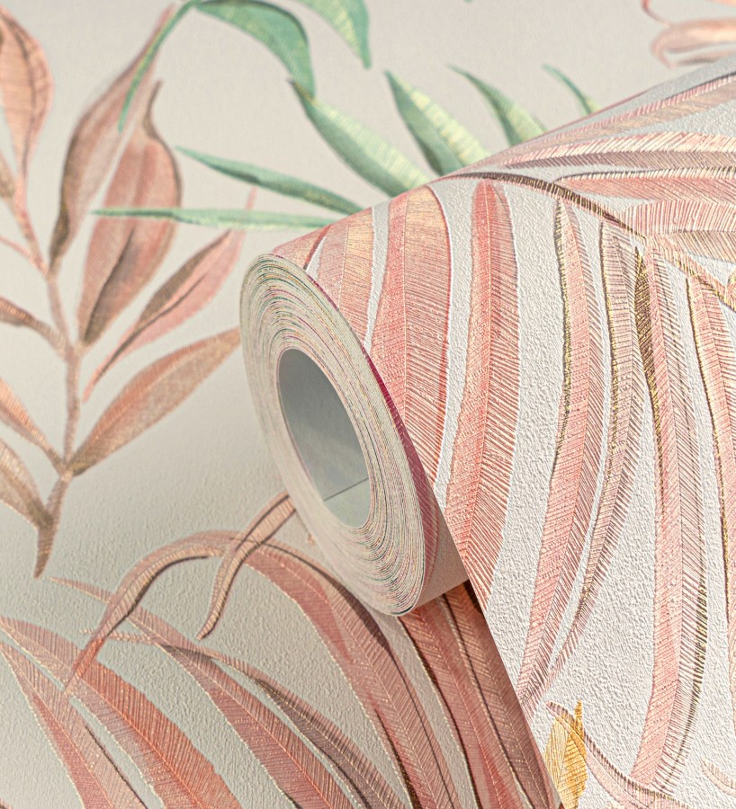 Papel pintado de hojas bordadas sobre fondo texturado en coral claro  Selene Ethereal 684705