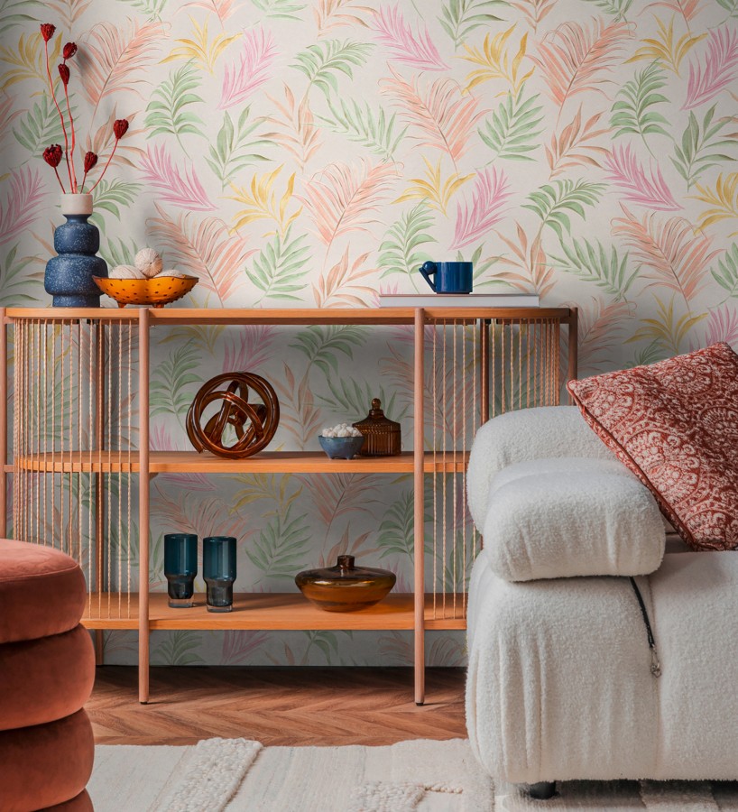 Papel pintado de hojas bordadas sobre fondo texturado en coral claro  Selene Ethereal 684705