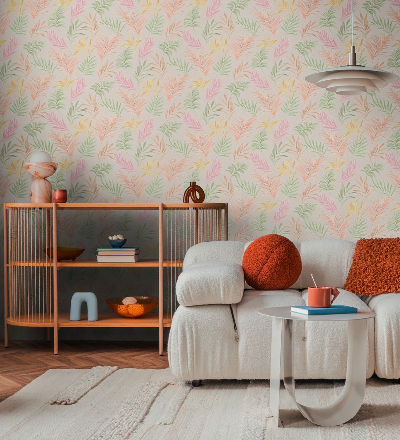 Papel pintado de hojas bordadas sobre fondo texturado en coral claro  Selene Ethereal 684705