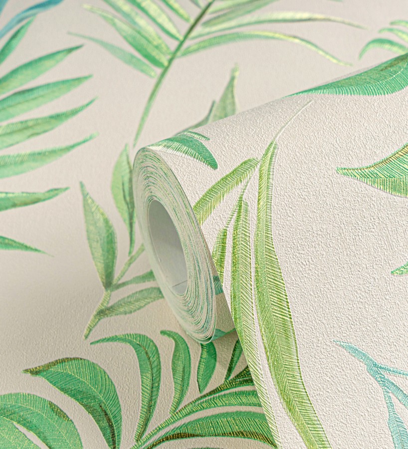 Papel pintado de hojas bordadas sobre fondo texturado en arena claro  Selene Ethereal 684706