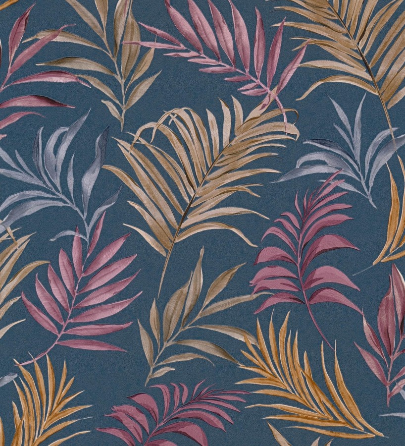 Papel pintado de hojas bordadas sobre fondo texturado en azul oscuro  Selene Ethereal 684707
