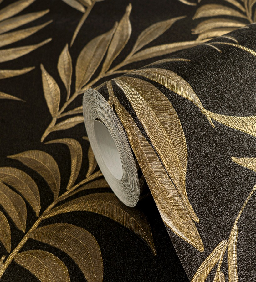 Papel pintado de hojas bordadas en oro sobre fondo texturado  Selene Ethereal 684708