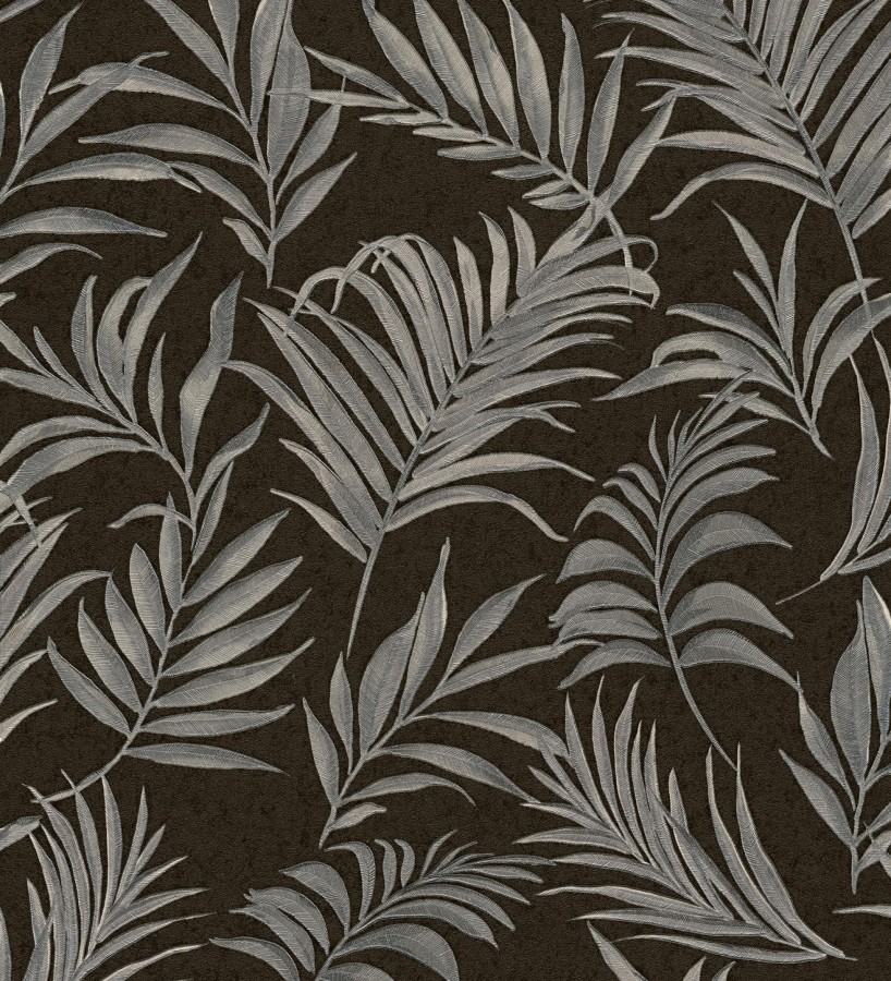 Papel pintado de hojas bordadas en gris metalizado sobre fondo texturado  Selene Ethereal 684709