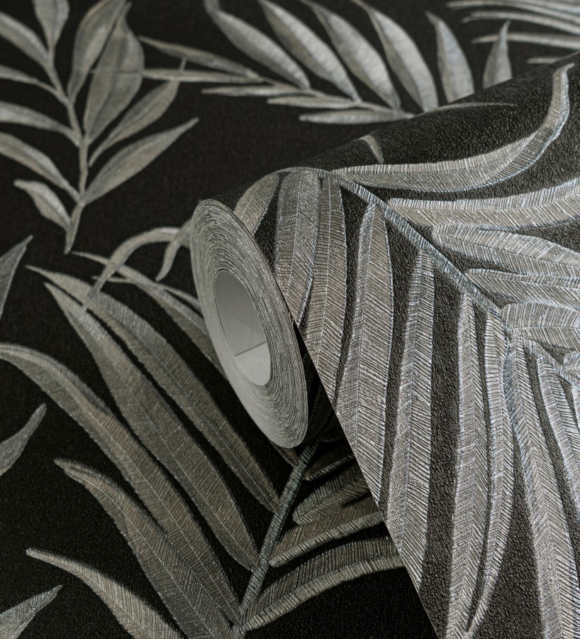 Papel pintado de hojas bordadas en gris metalizado sobre fondo texturado  Selene Ethereal 684709