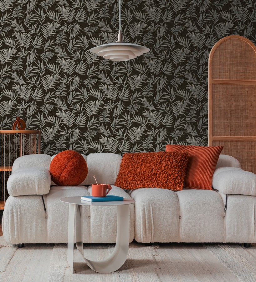 Papel pintado de hojas bordadas en gris metalizado sobre fondo texturado  Selene Ethereal 684709