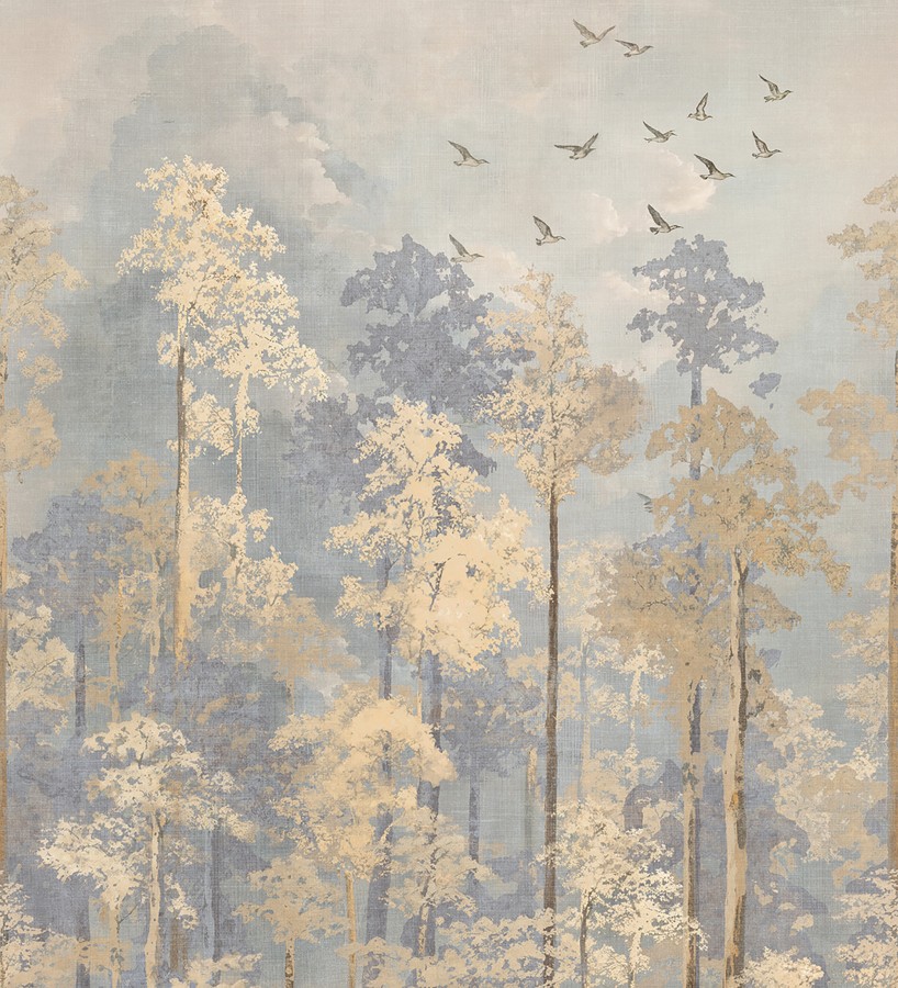 Papel pintado mural de bosque otoñal con siluetas de aves en vuelo  Soren Woodland 684712