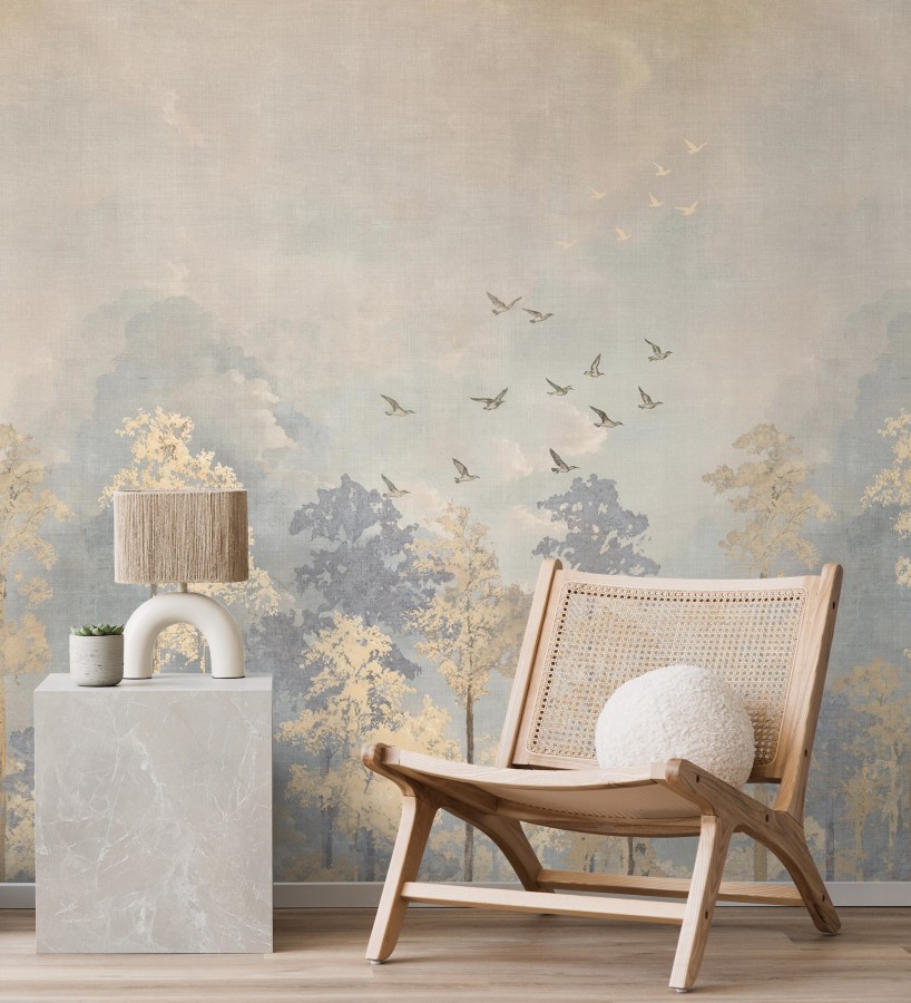 Papel pintado mural de bosque otoñal con siluetas de aves en vuelo  Soren Woodland 684712