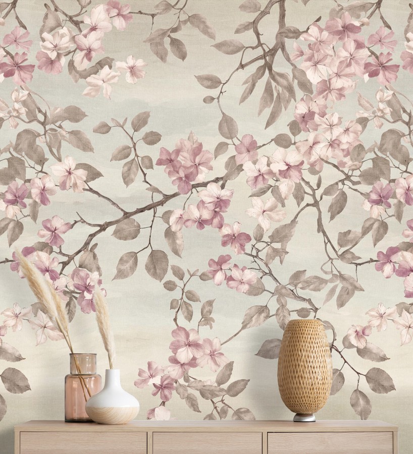 Papel pintado mural diseño botánico romántico con pétalos delicados  Heligan Poise 684713