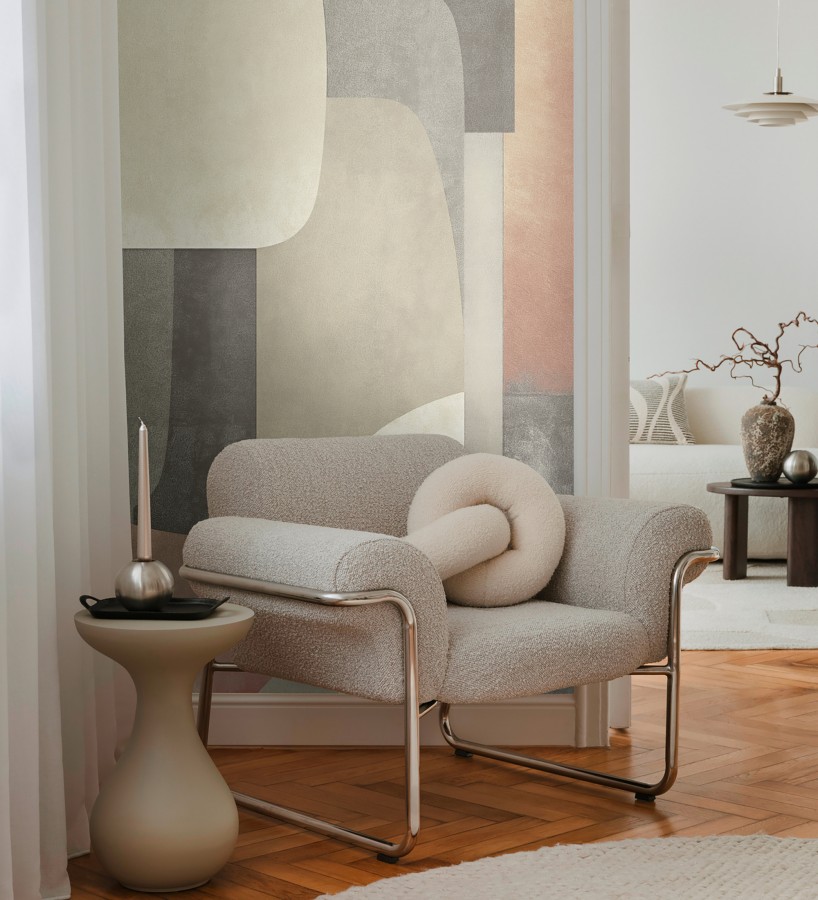 Papel pintado mural relieve visual de figuras abstractas en color ocre y gris  Basilea Layers 684714