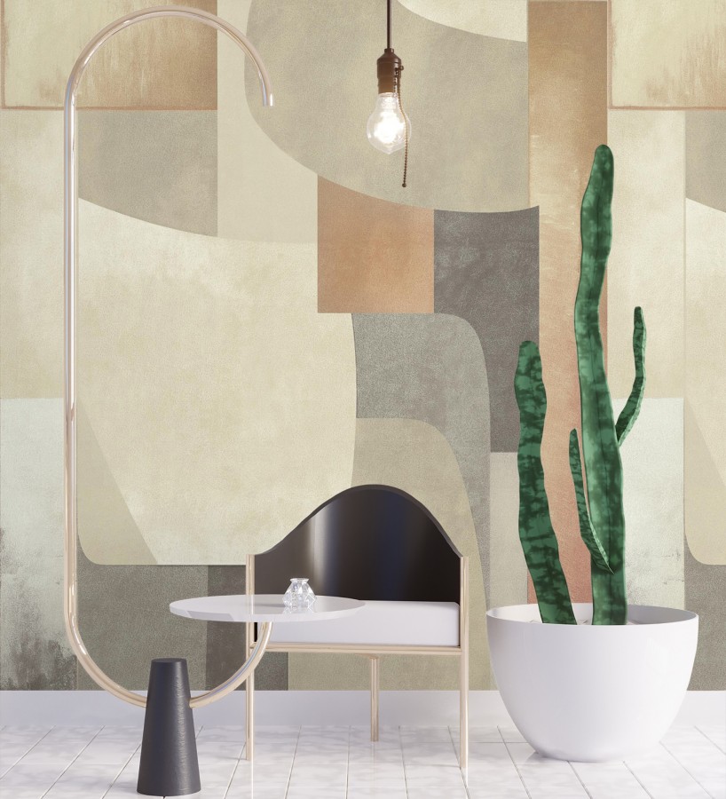 Papel pintado mural relieve visual de figuras abstractas en color ocre y gris  Basilea Layers 684714
