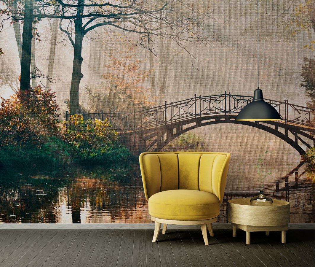 Papel pintado mural naturaleza romántica con puente y niebla  Vareli Canvas 684721