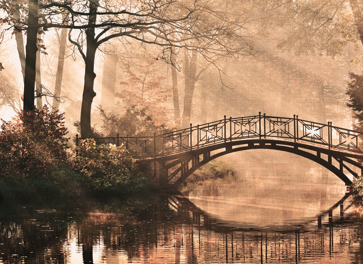 Papel pintado mural estampa clásica de puente bajo árboles de otoño  Vareli Canvas 684722