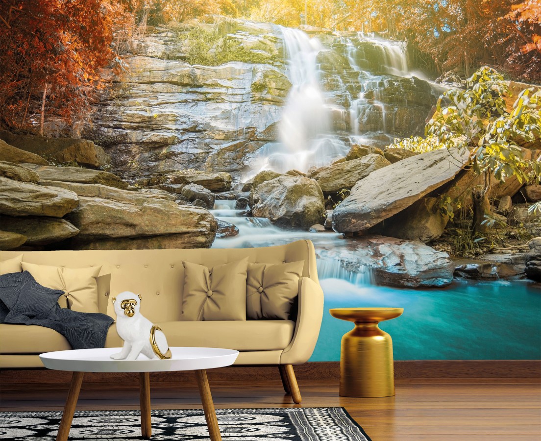 Papel pintado mural naturaleza viva con cascada y reflejos de sol  Nature Haven 684736