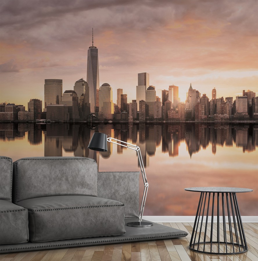 Papel pintado mural skyline de Manhattan al atardecer con reflejo en el agua  Triven Timeless 684740