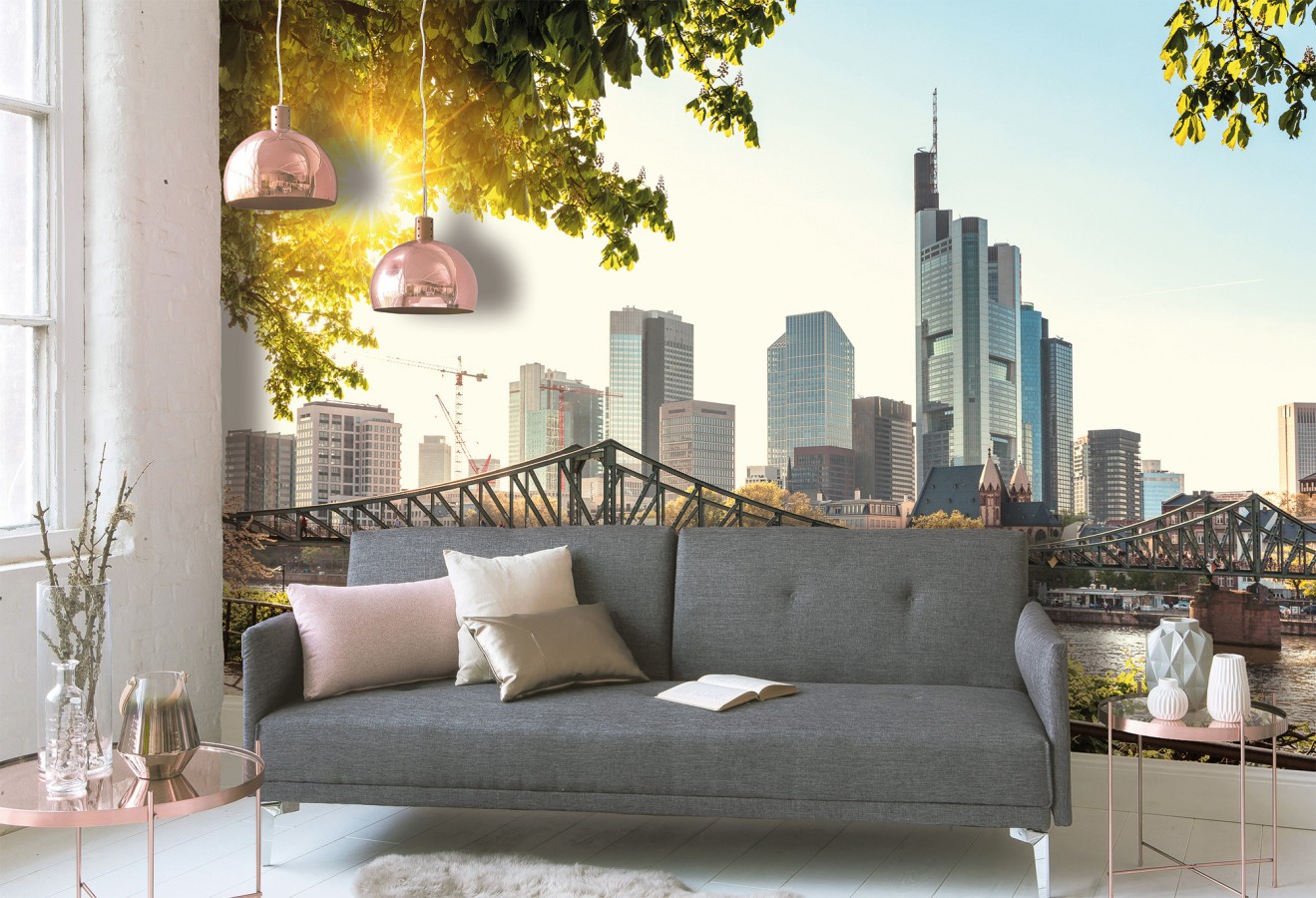 Papel pintado mural esencia de Frankfurt con puente peatonal y skyline   Triven Timeless 684745