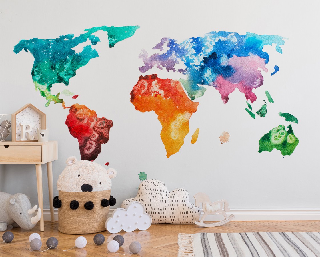 Papel pintado mural mapamundi artístico con efecto acuarela multicolor  Zovari Mundi 684748