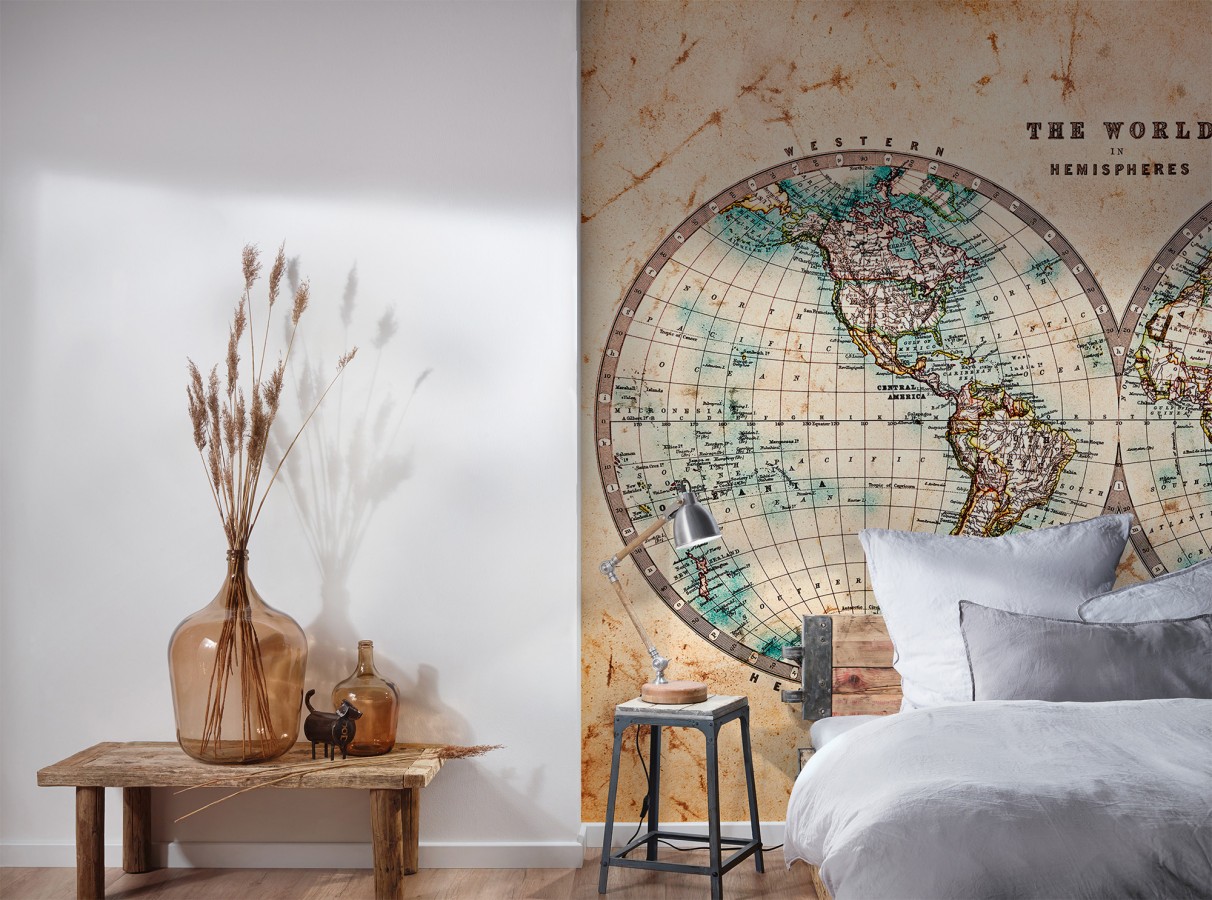 Papel pintado mural mapa del mundo de estilo explorador con pátina antigua  World Meridian 684749