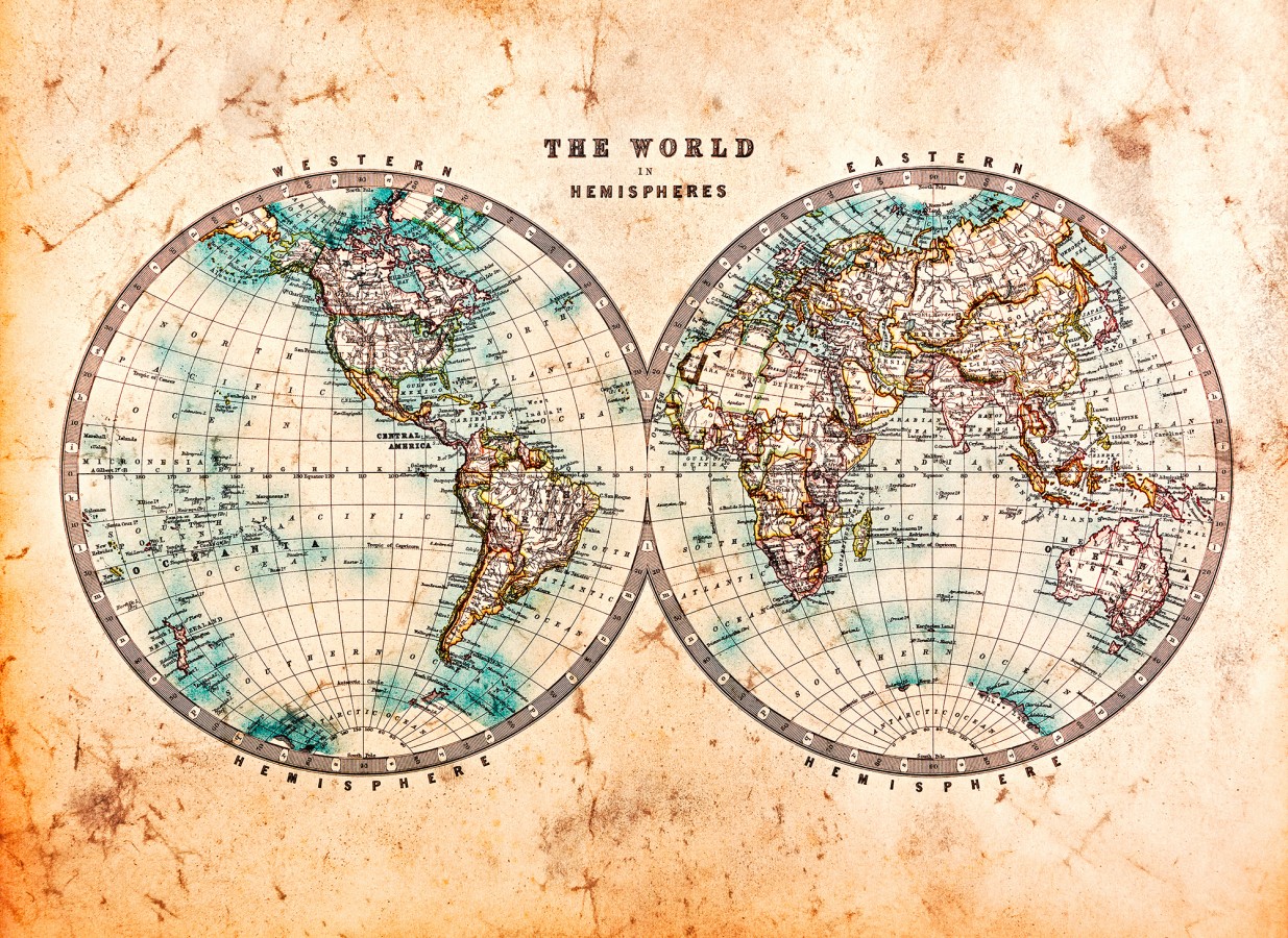Papel pintado mural mapa del mundo de estilo explorador con pátina antigua  World Meridian 684749