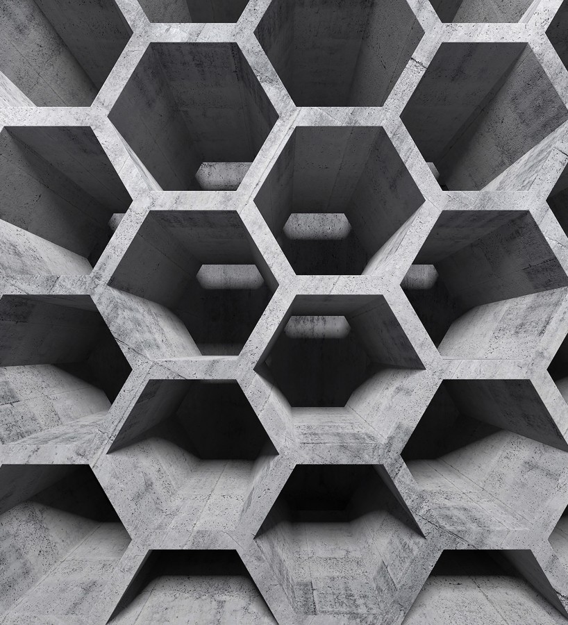 Papel pintado mural geométrico 3D con estructura de panal en cemento  Olaven Perspective 684752