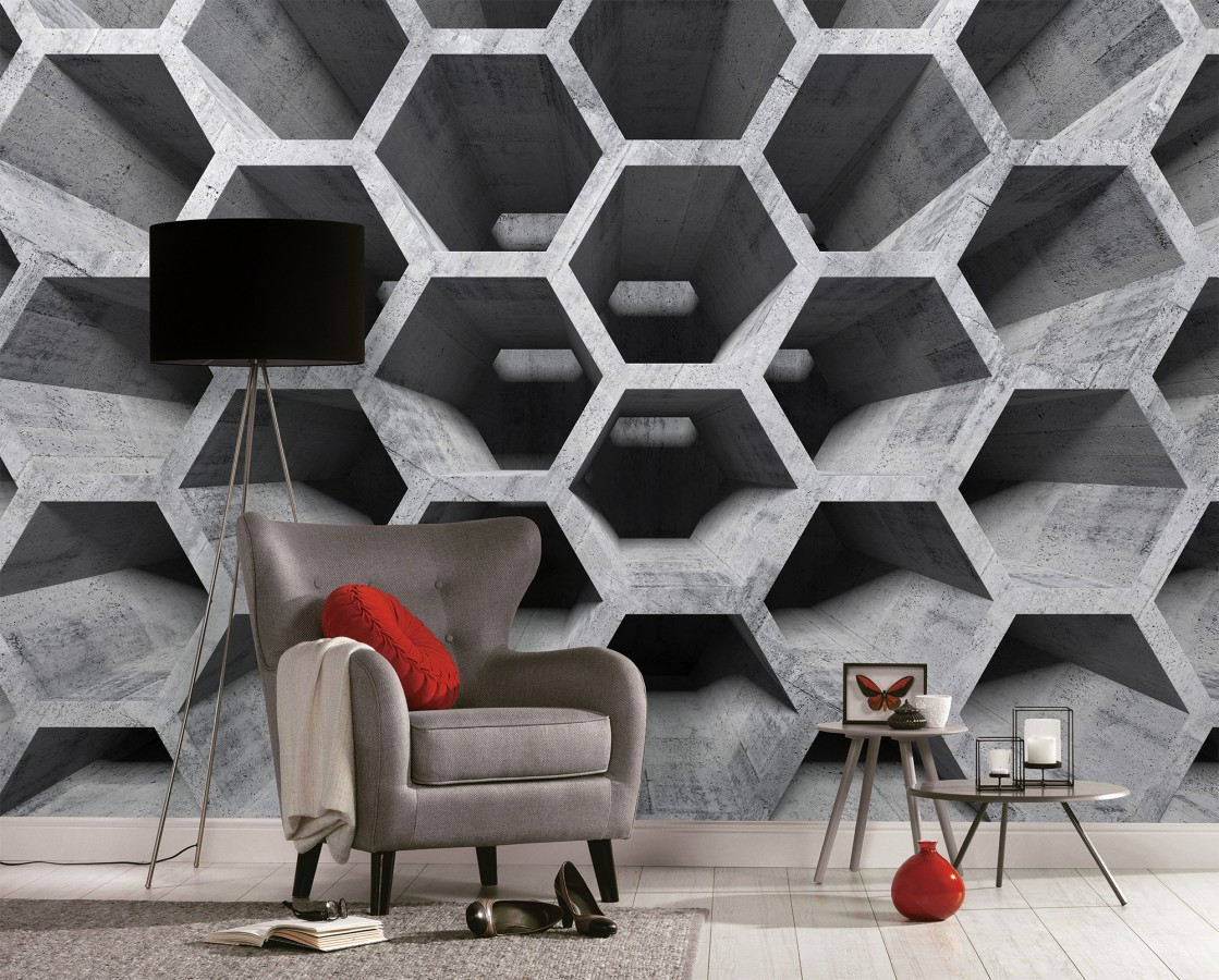 Papel pintado mural geométrico 3D con estructura de panal en cemento  Olaven Perspective 684752
