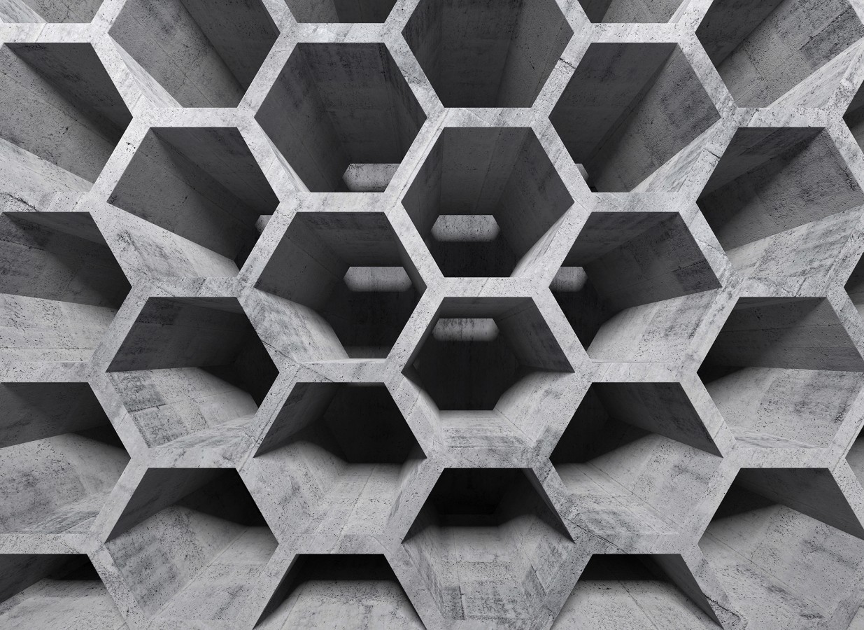 Papel pintado mural geométrico 3D con estructura de panal en cemento  Olaven Perspective 684752