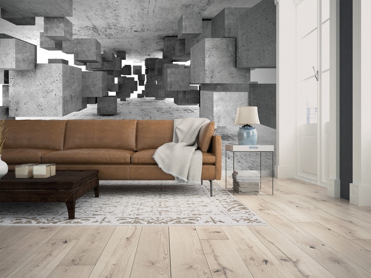 Papel pintado mural geométrico 3D con cubos de hormigón flotantes  Olaven Perspective 684754