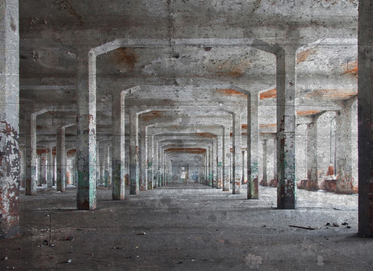 Papel pintado mural almacén industrial abandonado con columnas de hormigón  Olaven Perspective 684756