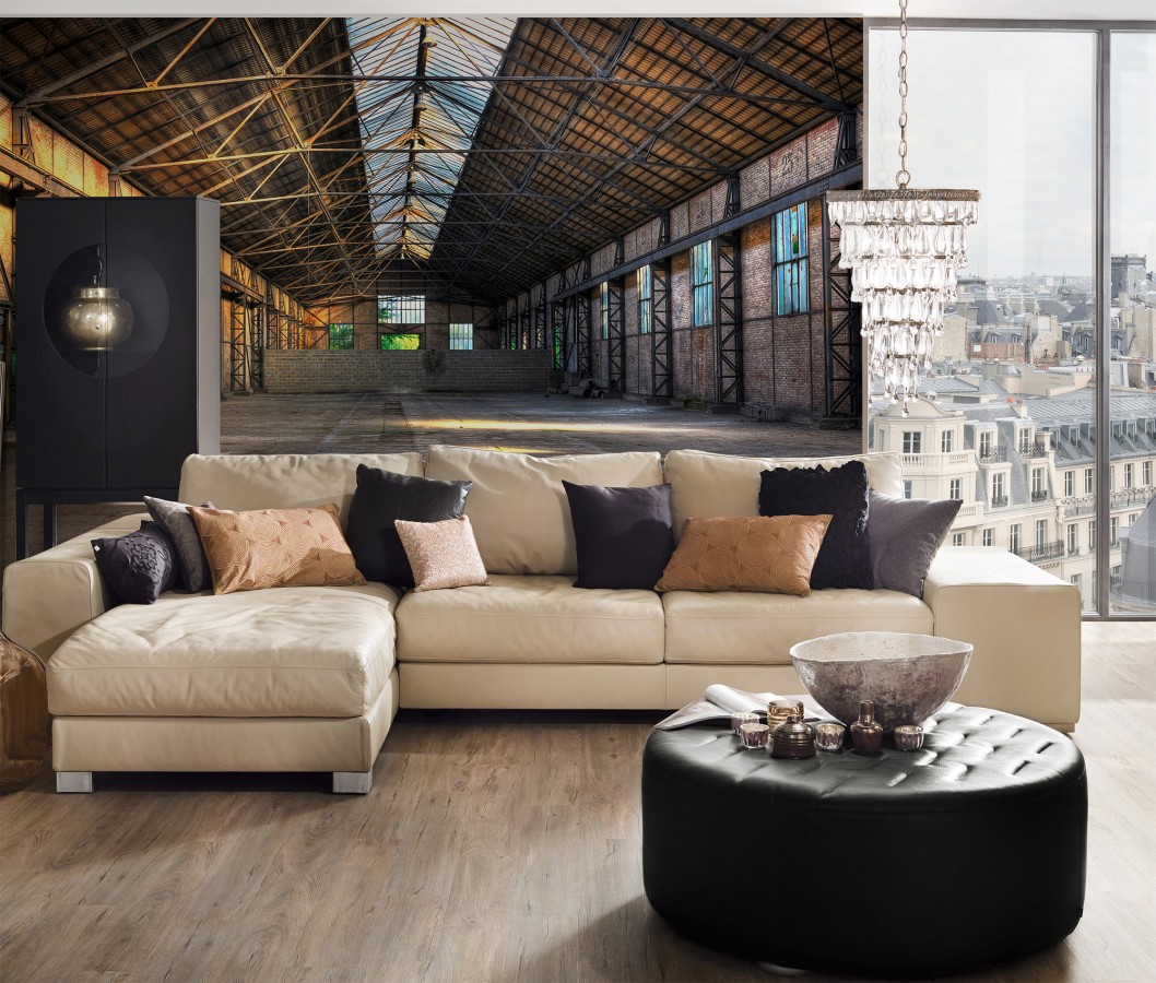 Papel pintado mural hangar industrial antiguo con vigas de metal  Olaven Perspective 684757