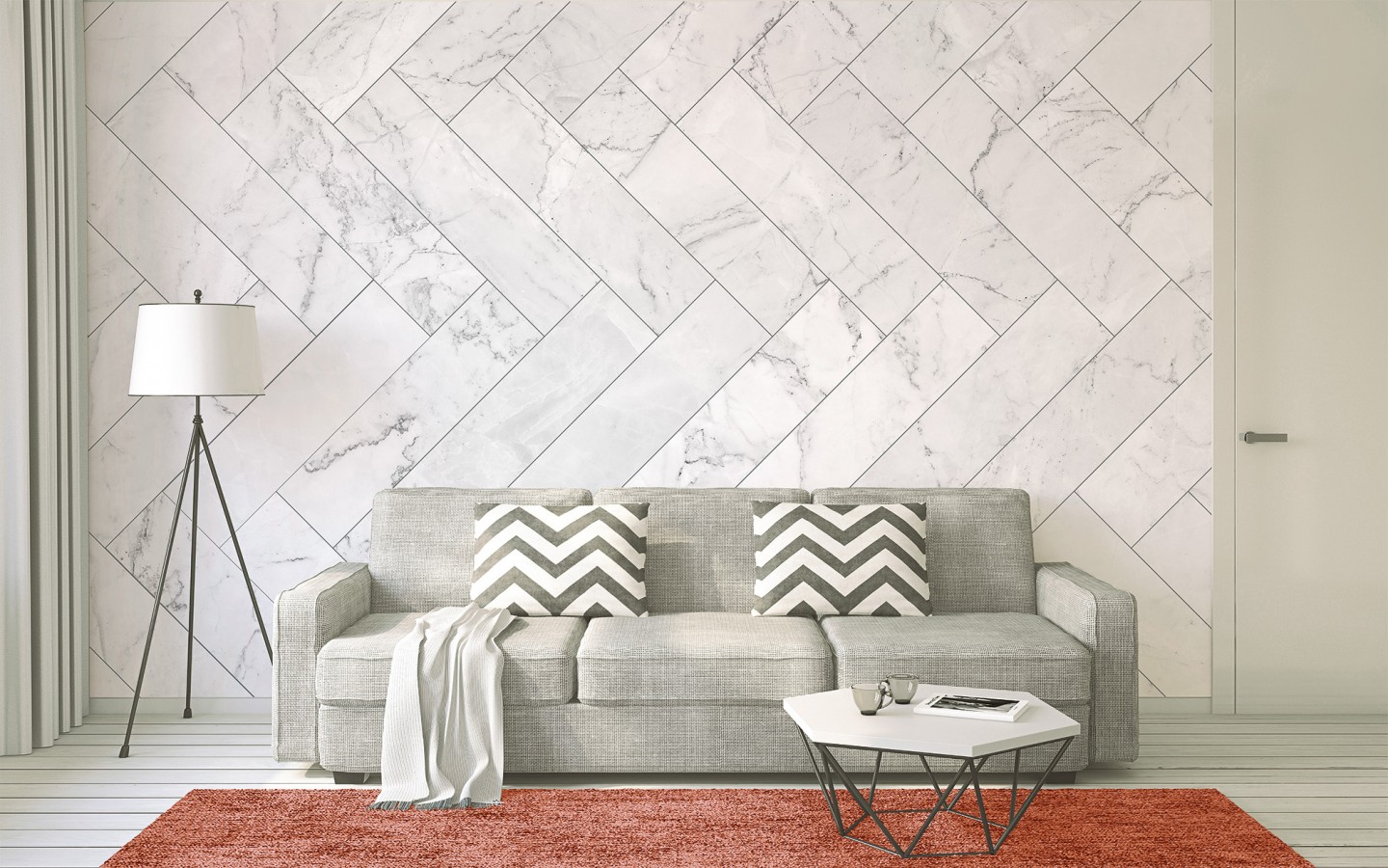 Papel pintado mural de mármol blanco con diseño en espiga  Kaelis Matter 684762