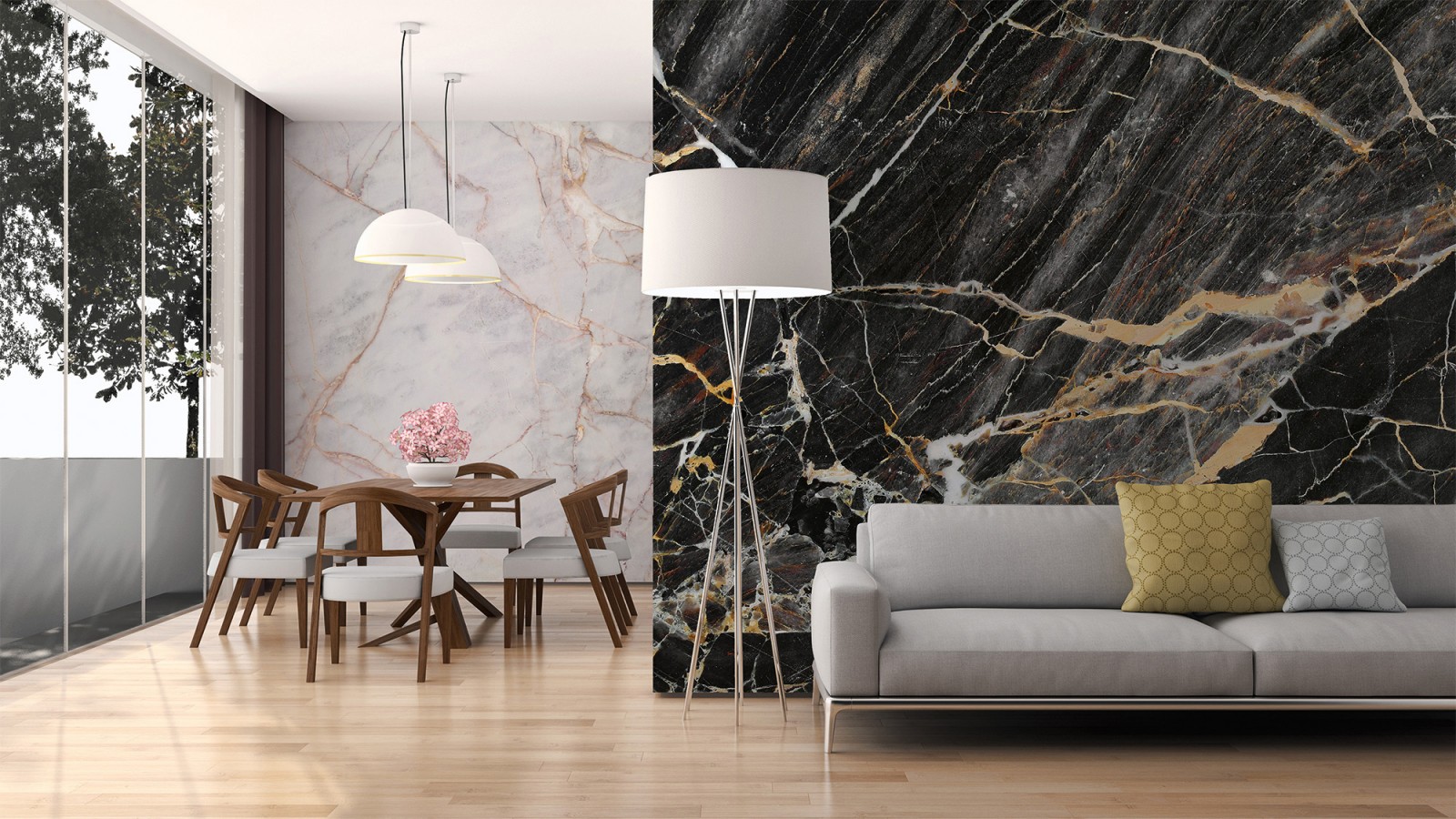 Papel pintado mural de mármol negro con vetas doradas y blancas  Kaelis Matter 684764