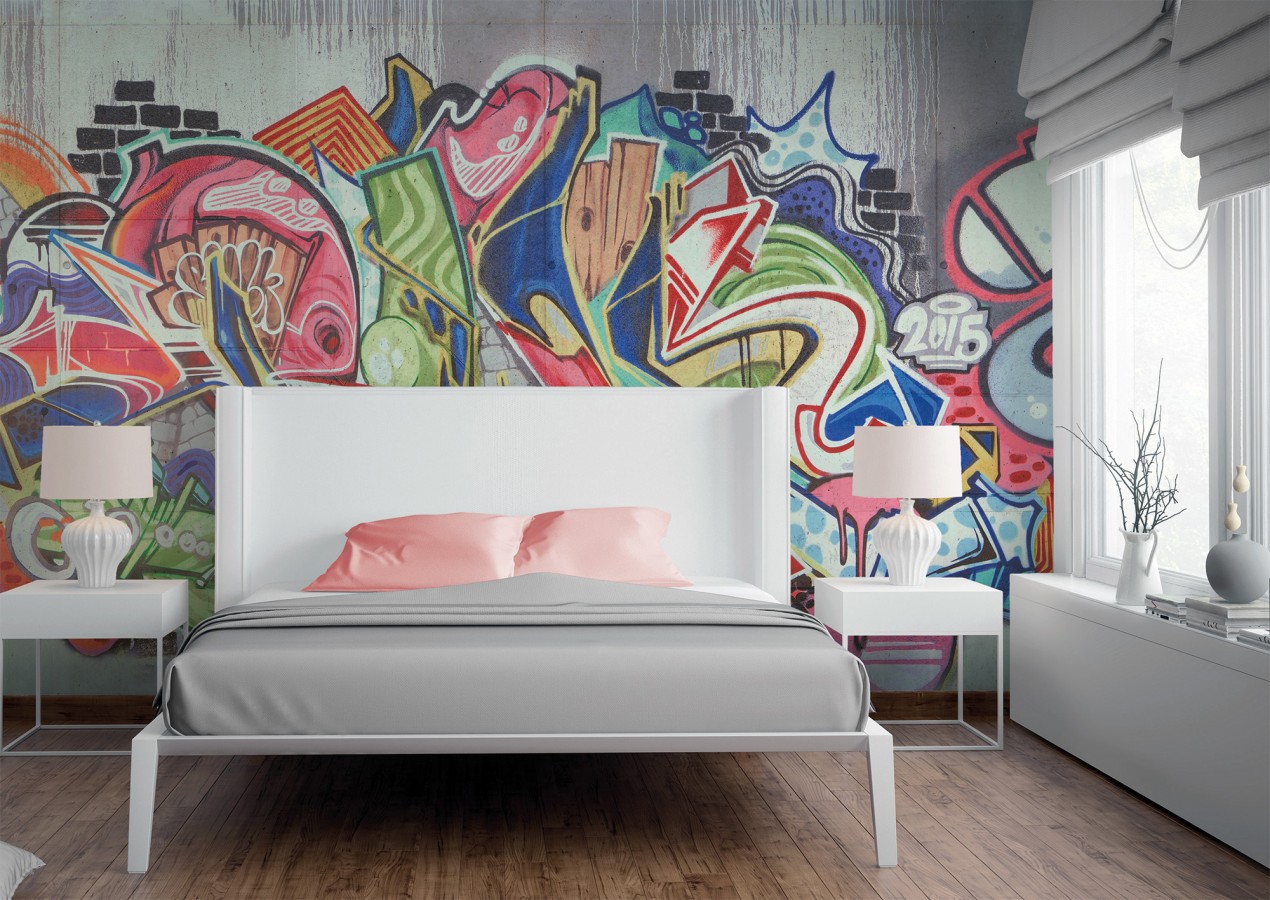 Papel pintado mural de arte urbano con graffitis abstractos y colores vibrantes  Basquiat Graffiti 684769