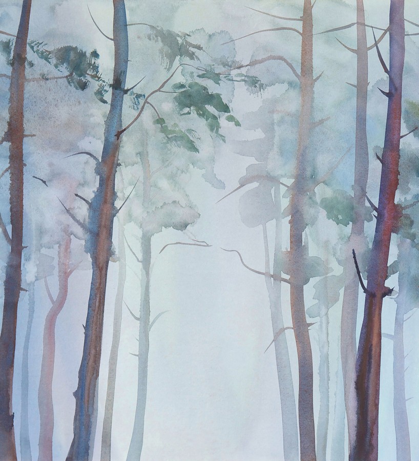 Papel pintado mural de bosque de pinos con efecto acuarela y niebla  Aleris Glaze 684770