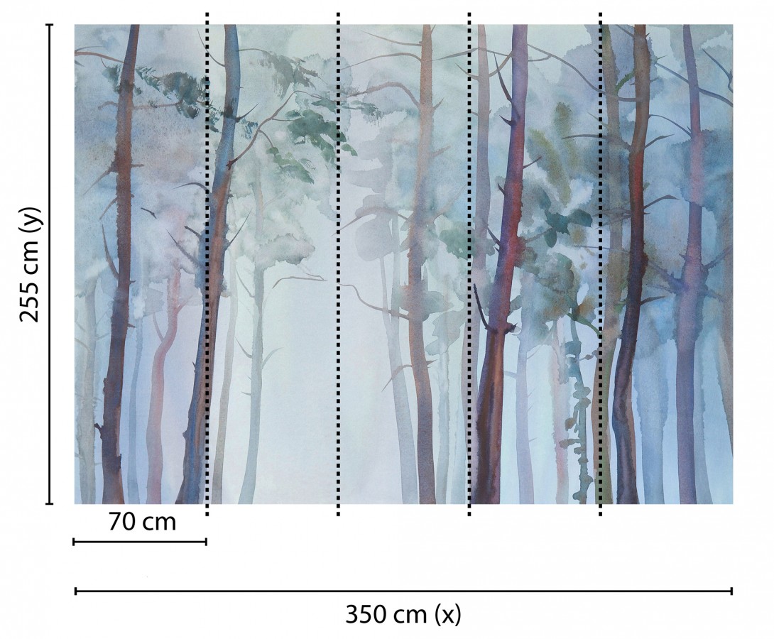 Papel pintado mural de bosque de pinos con efecto acuarela y niebla  Aleris Glaze 684770