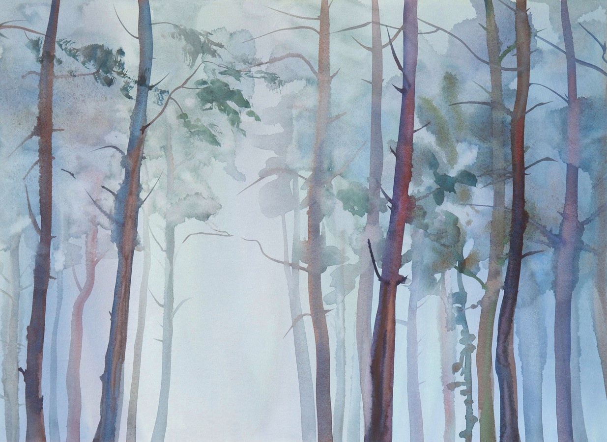 Papel pintado mural de bosque de pinos con efecto acuarela y niebla  Aleris Glaze 684770