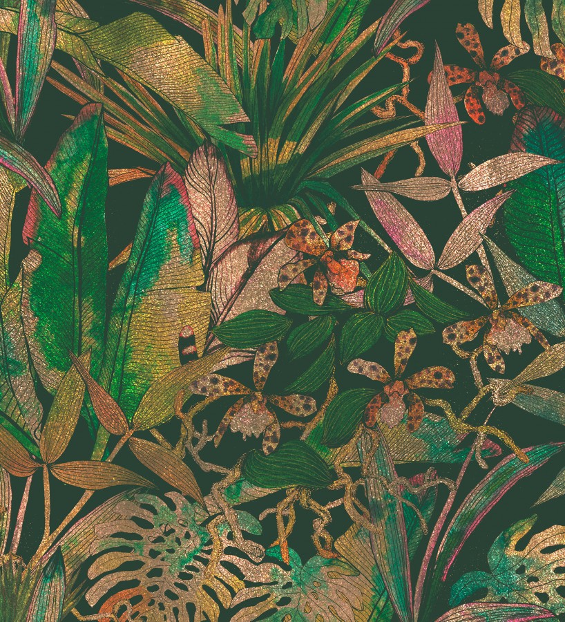Papel pintado mural botánico de lujo con hojas tropicales y flores exóticas  Glissar Verdant 684772