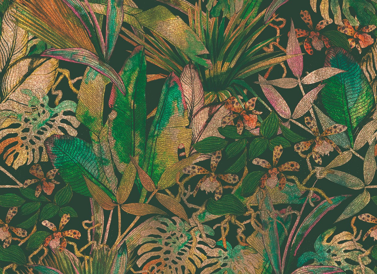 Papel pintado mural botánico de lujo con hojas tropicales y flores exóticas  Glissar Verdant 684772