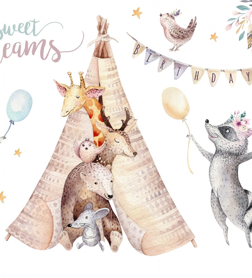 Papel pintado mural infantil con animales del bosque y tipi en acuarela  Calani Fable 684773