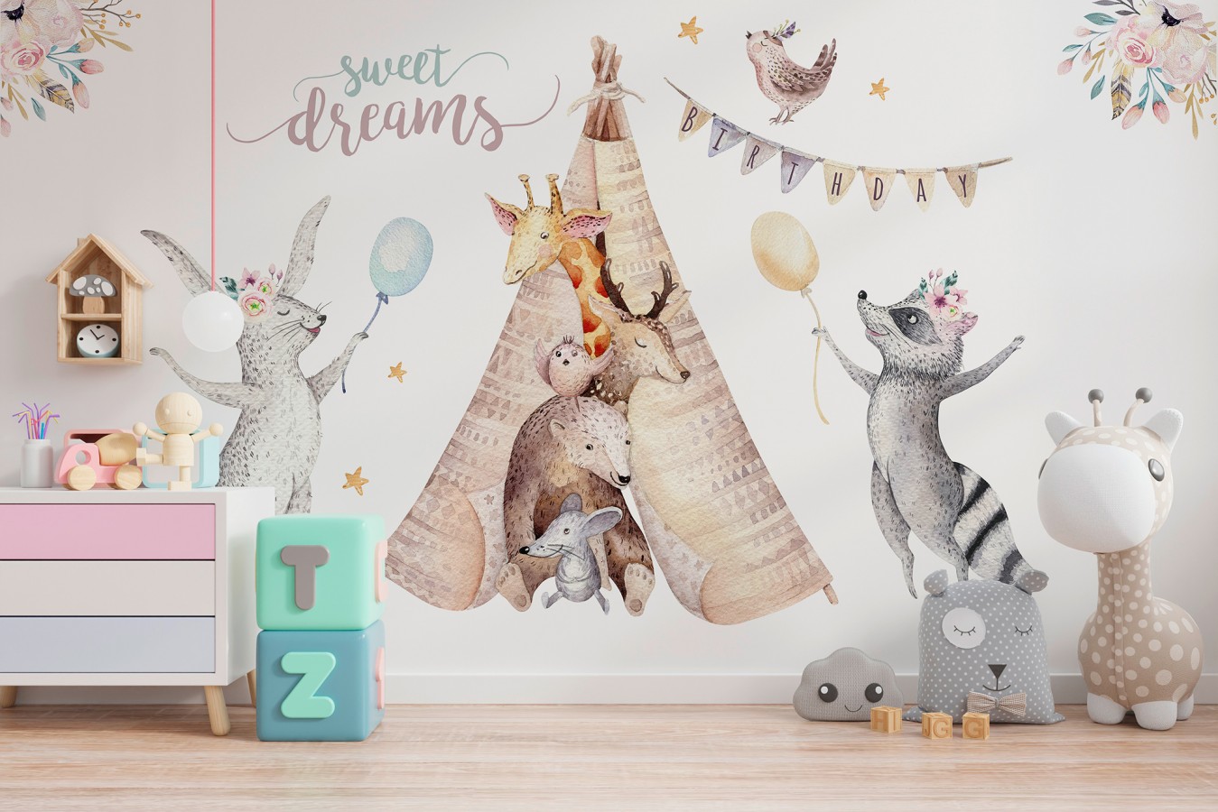 Papel pintado mural infantil con animales del bosque y tipi en acuarela  Calani Fable 684773