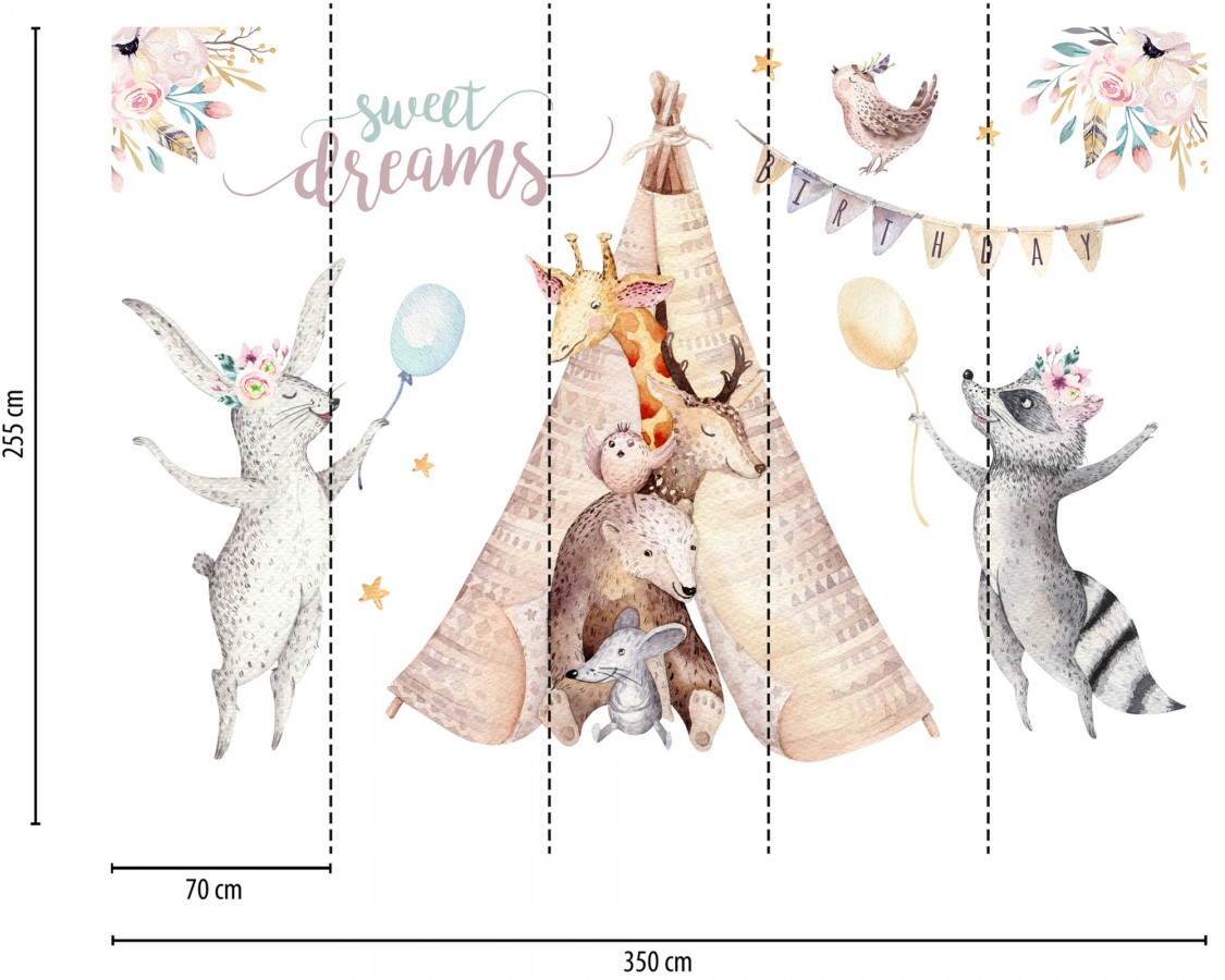 Papel pintado mural infantil con animales del bosque y tipi en acuarela  Calani Fable 684773