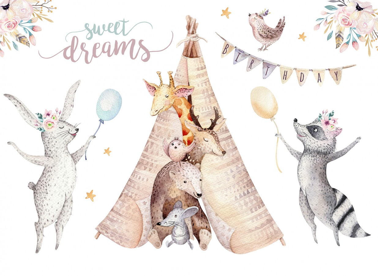 Papel pintado mural infantil con animales del bosque y tipi en acuarela  Calani Fable 684773