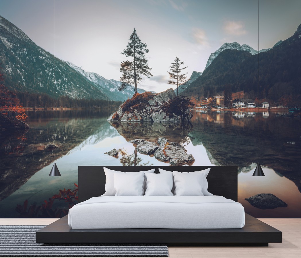 Papel pintado mural islote con abetos y reflejos en lago alpino   Nature Haven 684777