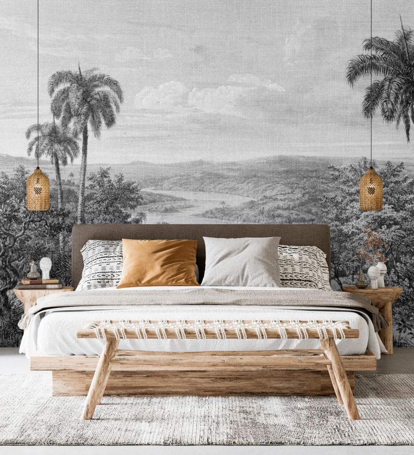 Papel pintado mural ilustración panorámica de naturaleza exótica en blanco y negro  Majestic Pathway 684778